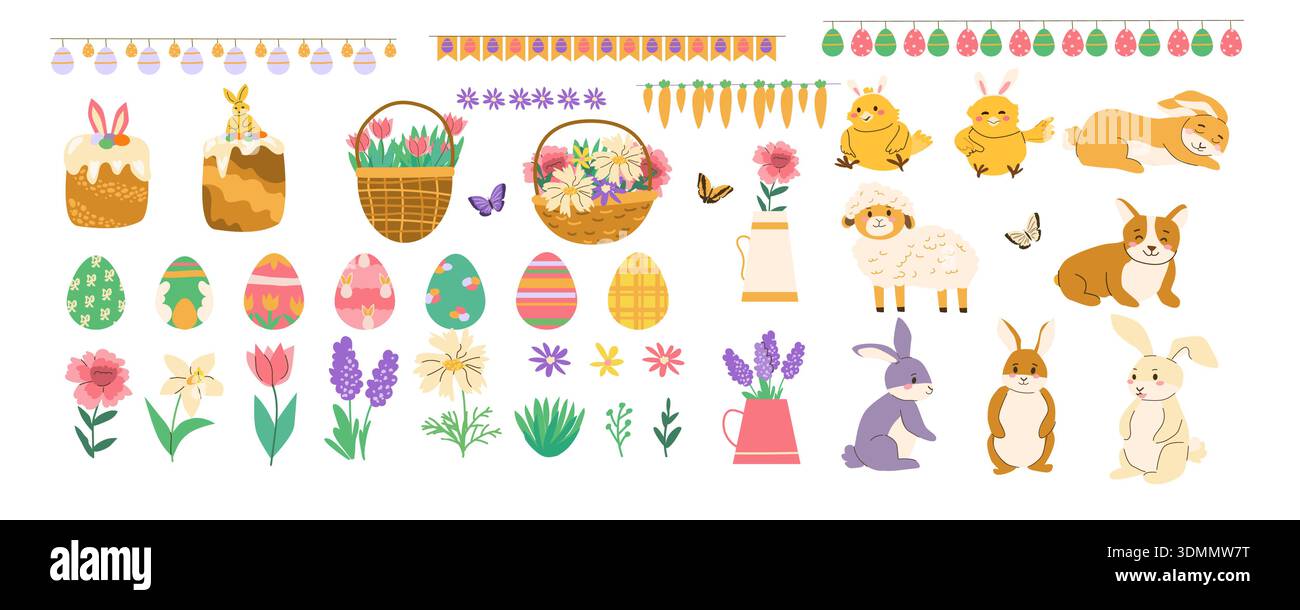 Vector Happy Easter and Spring elements set. Easter eggs, Spring flowers, chickens and rabbits, water cane, lamb and bunting flags. Stock Vector