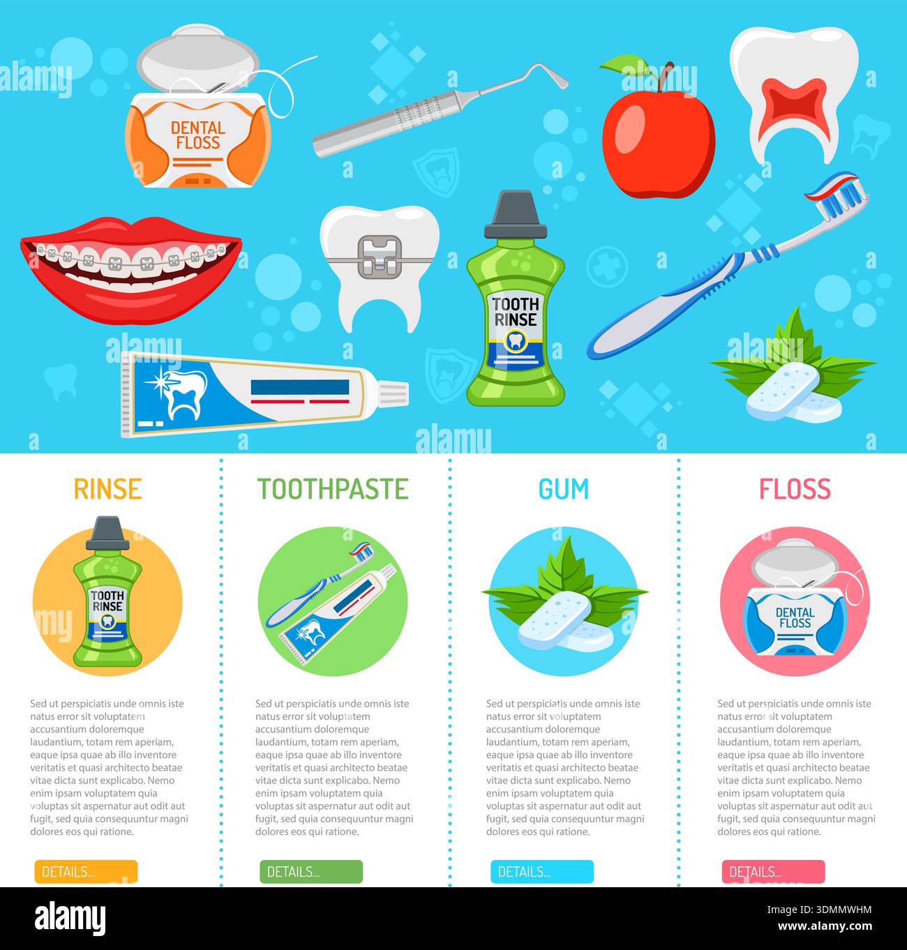 dental hygiene banner and infographics with flat icons tooth rinse ...