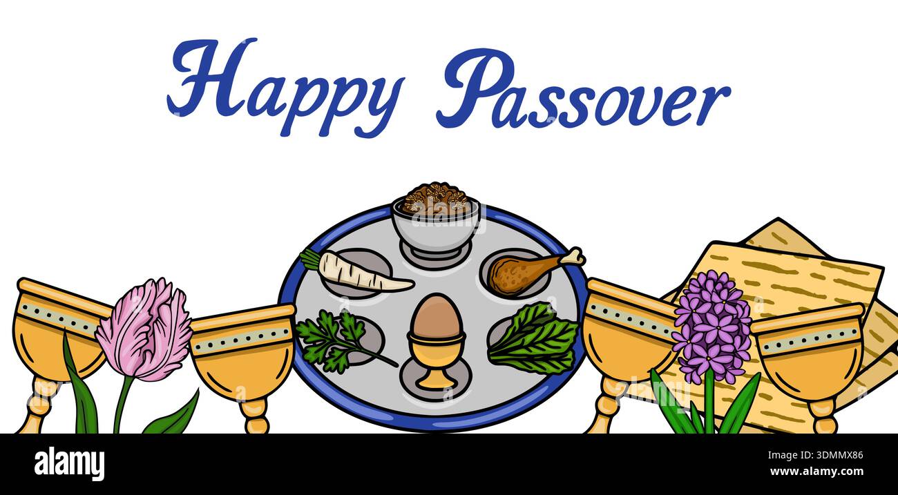 Happy Passover Seder Plate vector banner with matzah, wine cups, and ...