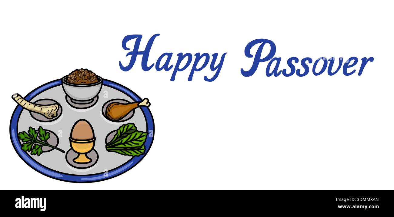 Festive Happy Passover vector banner with Seder plate elements, text, and copy space Stock Vector