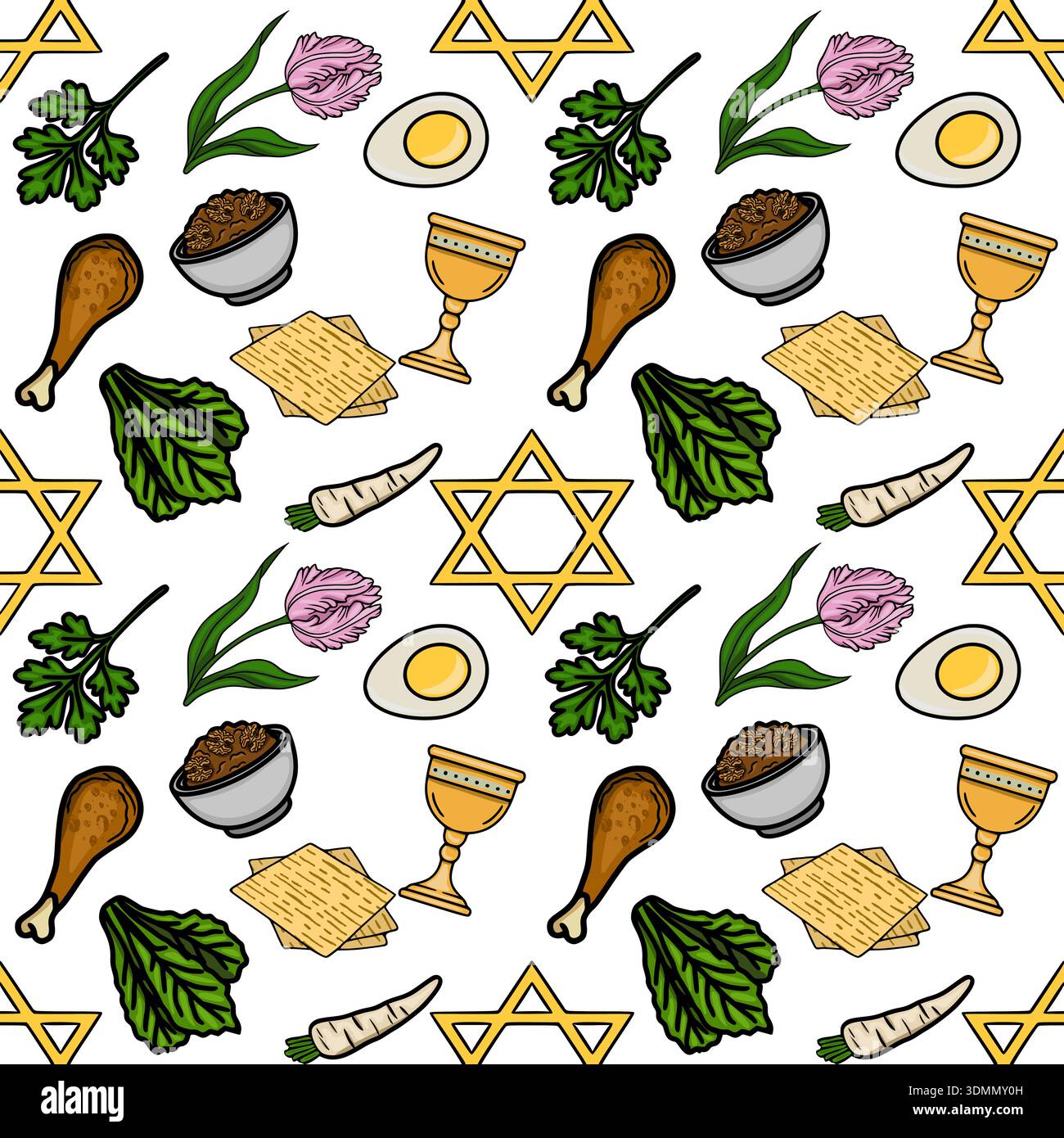 Festive Passover Seder plate elements vector seamless pattern with matzah, maror, egg, and charoset Stock Vector