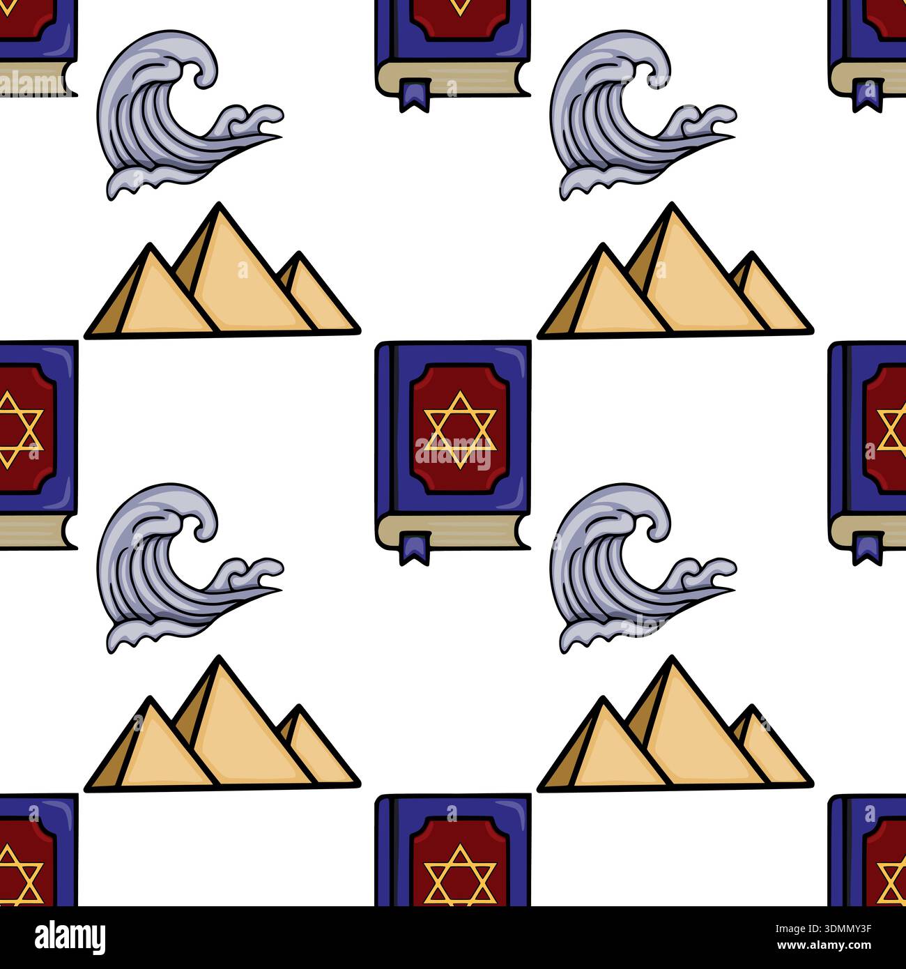 Pesach vector seamless pattern with ancient pyramids and stormy waves Stock Vector