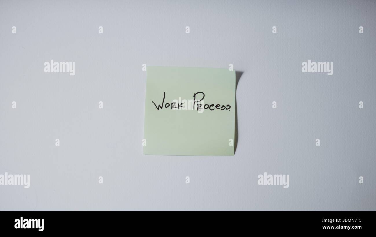 Work Process written on sticky note minimal business workflow planning concept on white background Stock Photo