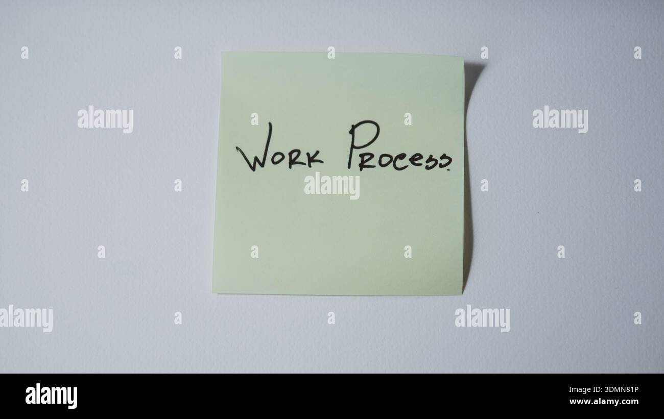 Work Process written on sticky note minimal business workflow planning concept on white background Stock Photo