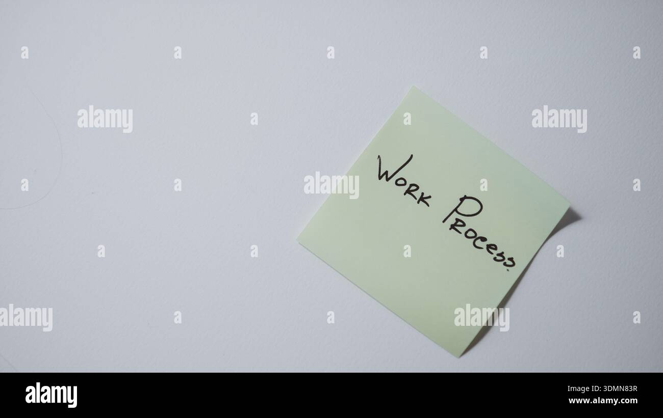 Work Process written on sticky note minimal business workflow planning concept on white background Stock Photo