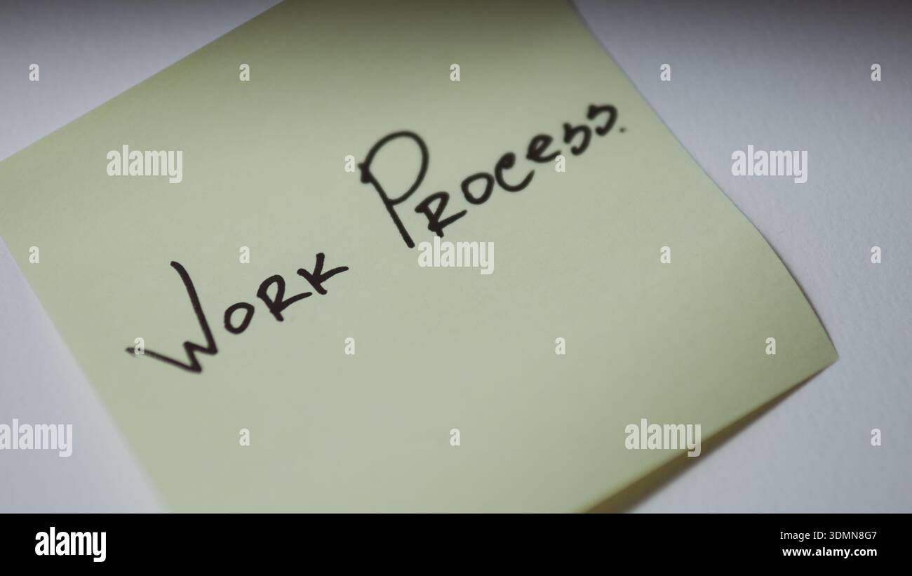 Work Process written on sticky note minimal business workflow planning concept on white background Stock Photo