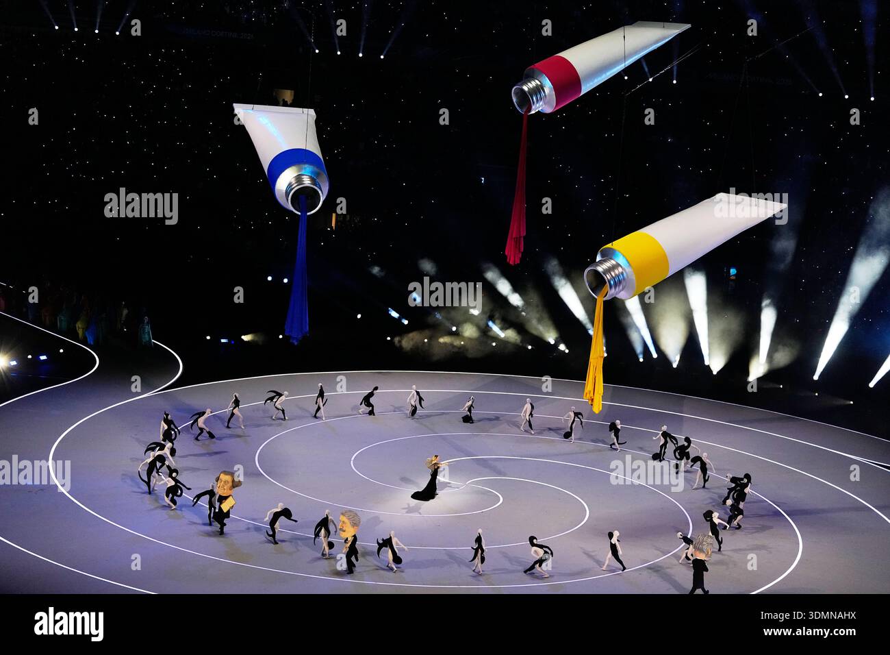 Artists perform during the Olympic opening ceremony at the 2026 Winter ...