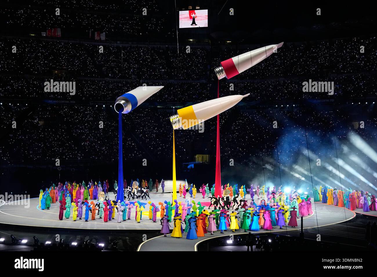 Artists perform during the Olympic opening ceremony at the 2026 Winter ...