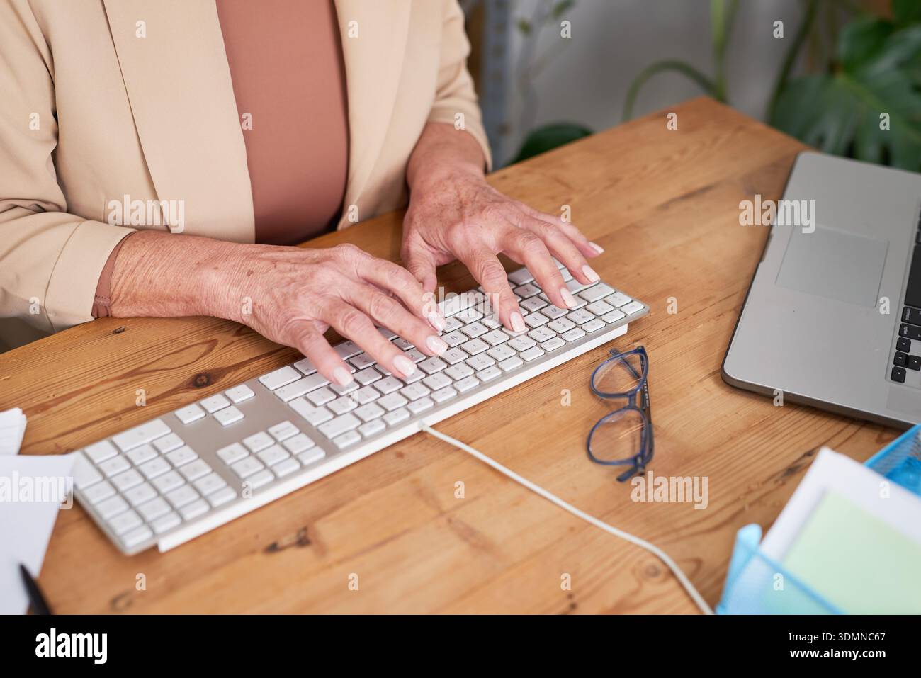 Senior Woman Typing on Keyboard at Desk with Laptop and Glasses for Professional Work Stock Photo