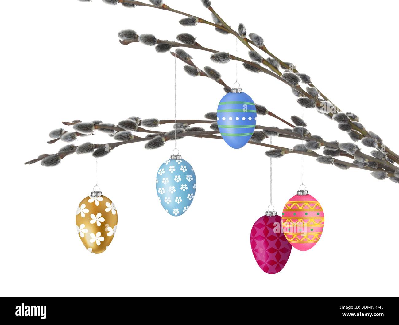Easter eggs hanging from willow branches on white background Stock Photo