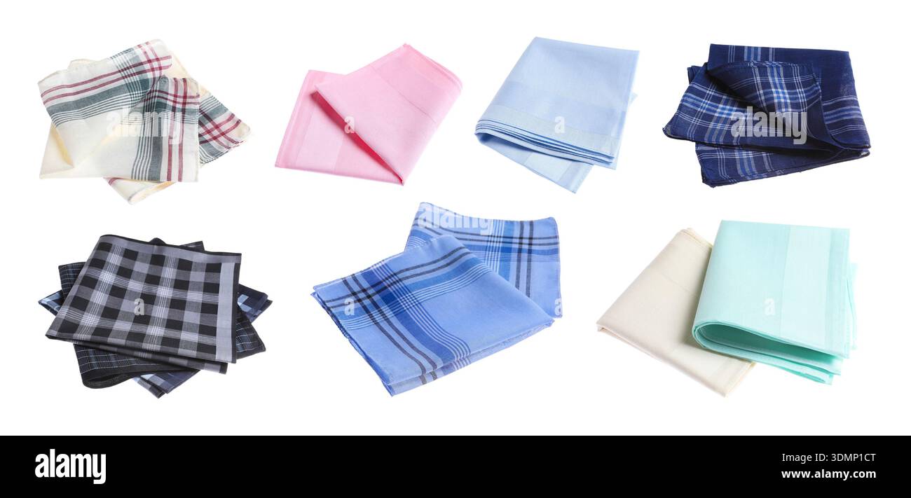 Different fabric handkerchiefs isolated on white, set Stock Photo
