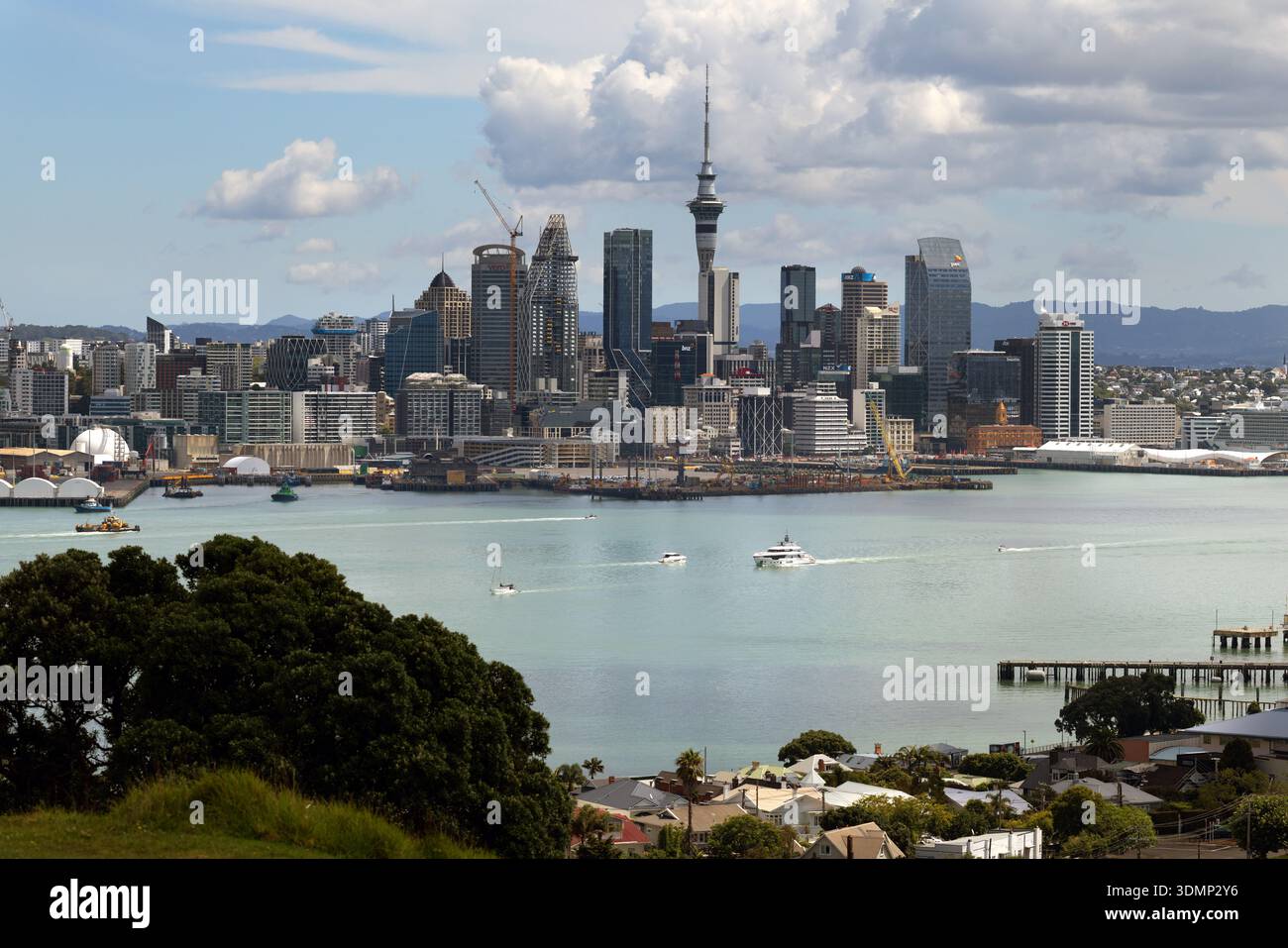 Auckland city skyline with the Sky Tower and Waitematā Harbour, viewed ...
