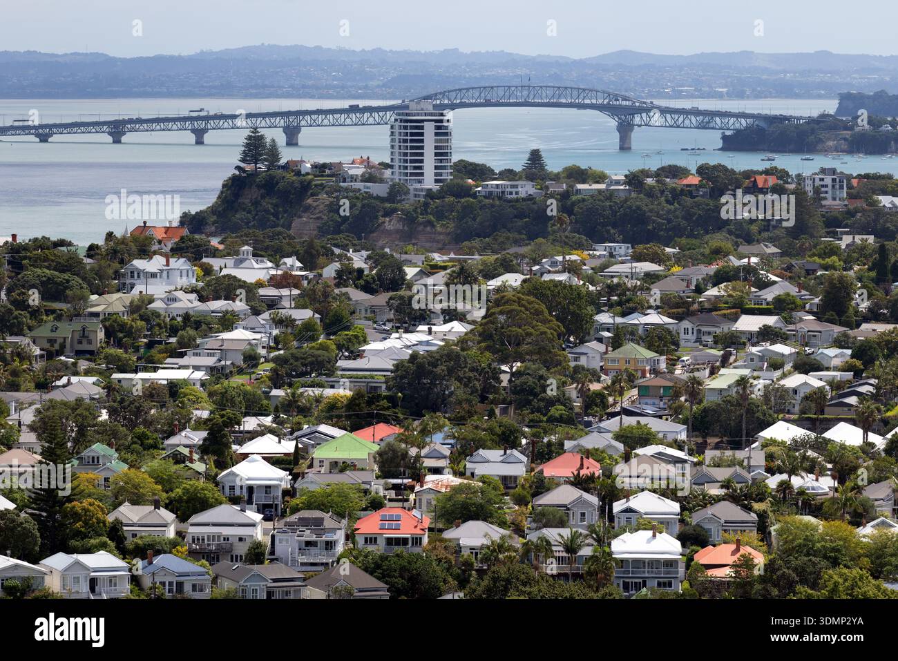 View over residential housing in Devonport with the Auckland Harbour ...