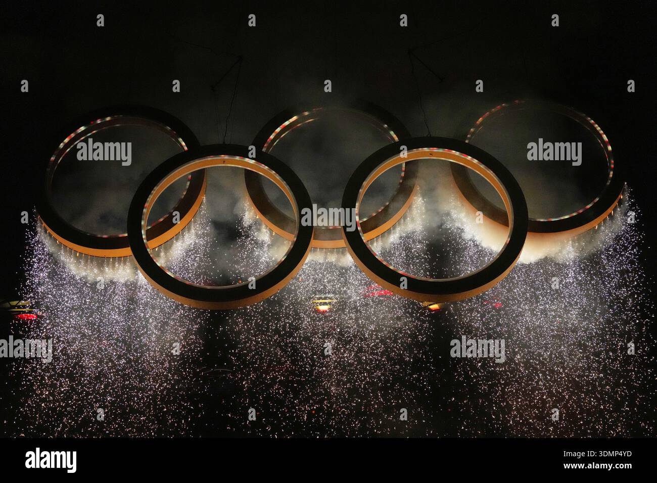 The Olympic rings are lit up during the Olympic opening ceremony at the ...