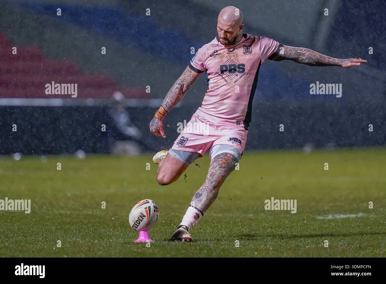 MANCHESTER, ENGLAND - February 6: Zak Hardaker kicking the conversion ...