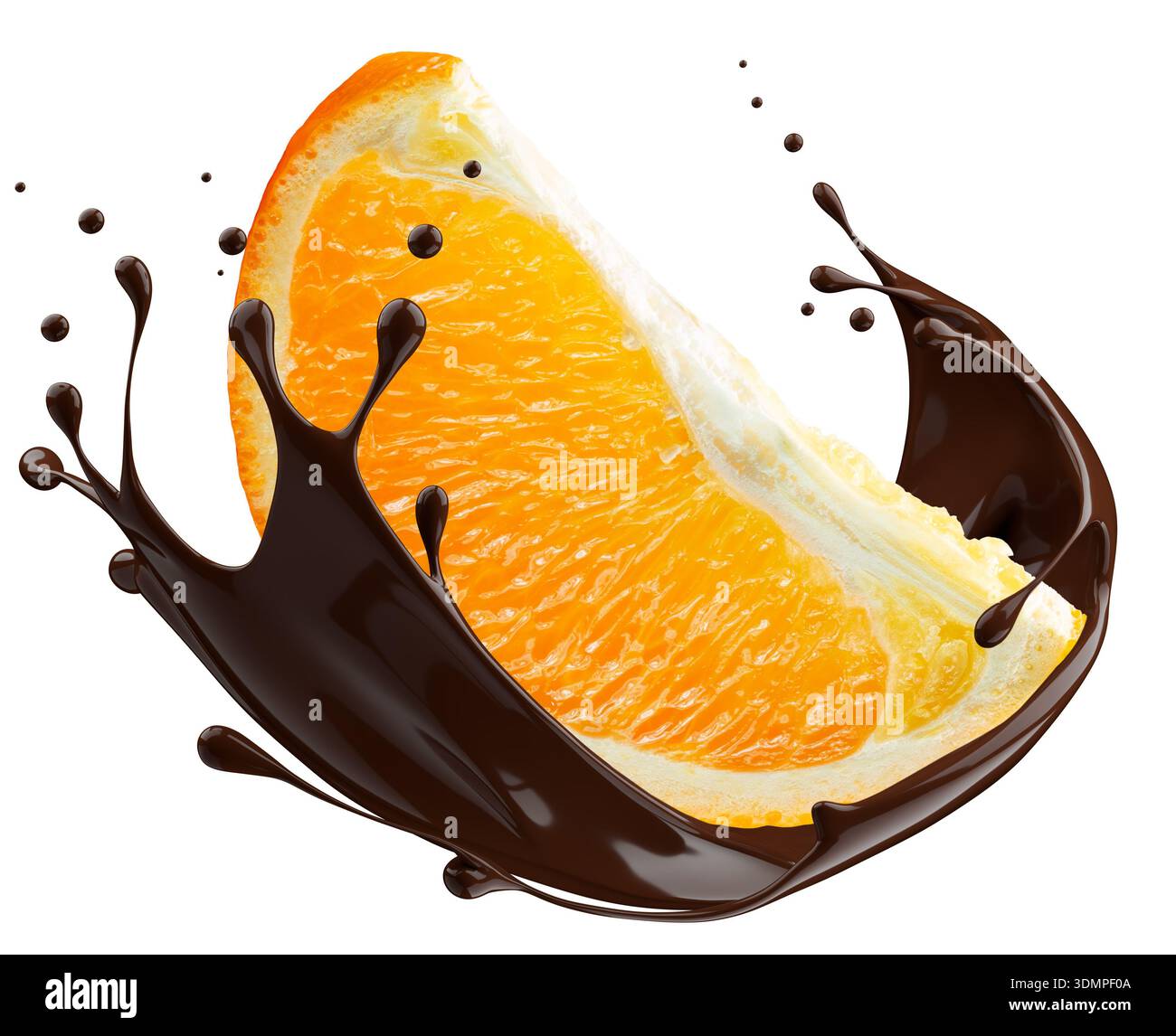 Orange fruit in chocolate splash isolated on white background with clipping path. Stock Photo
