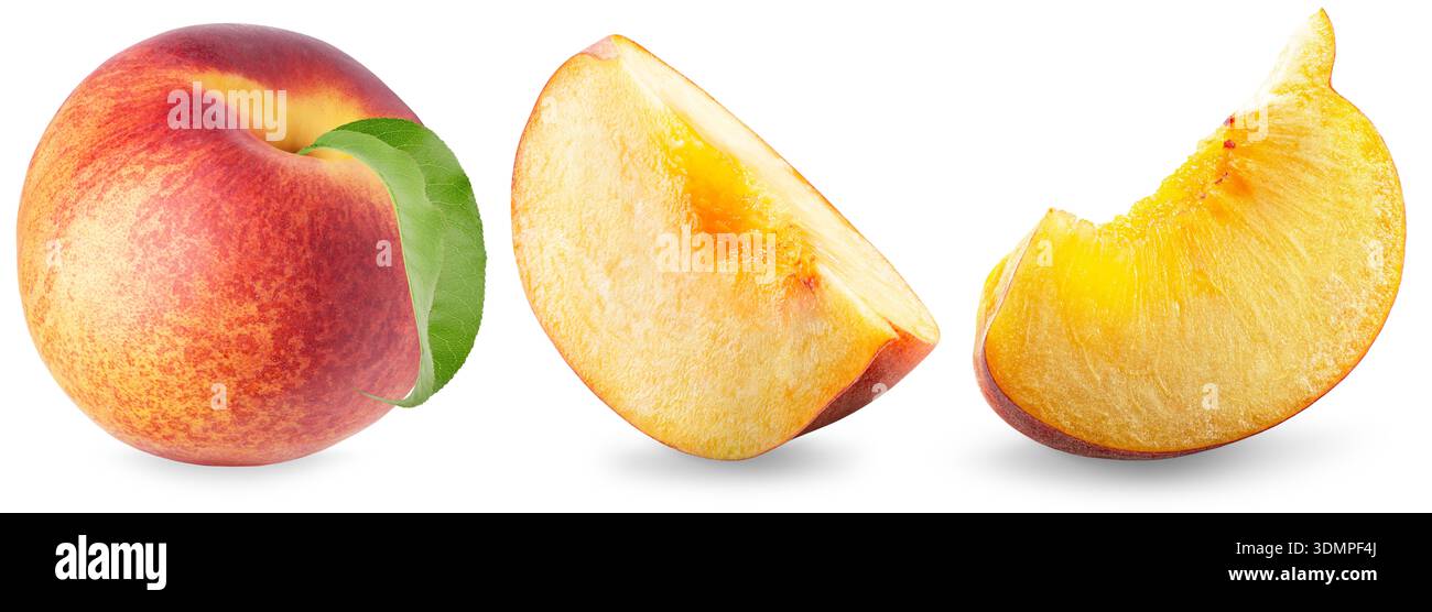 Peach fruit with leaf isolated on white background. Clipping Path. Stock Photo