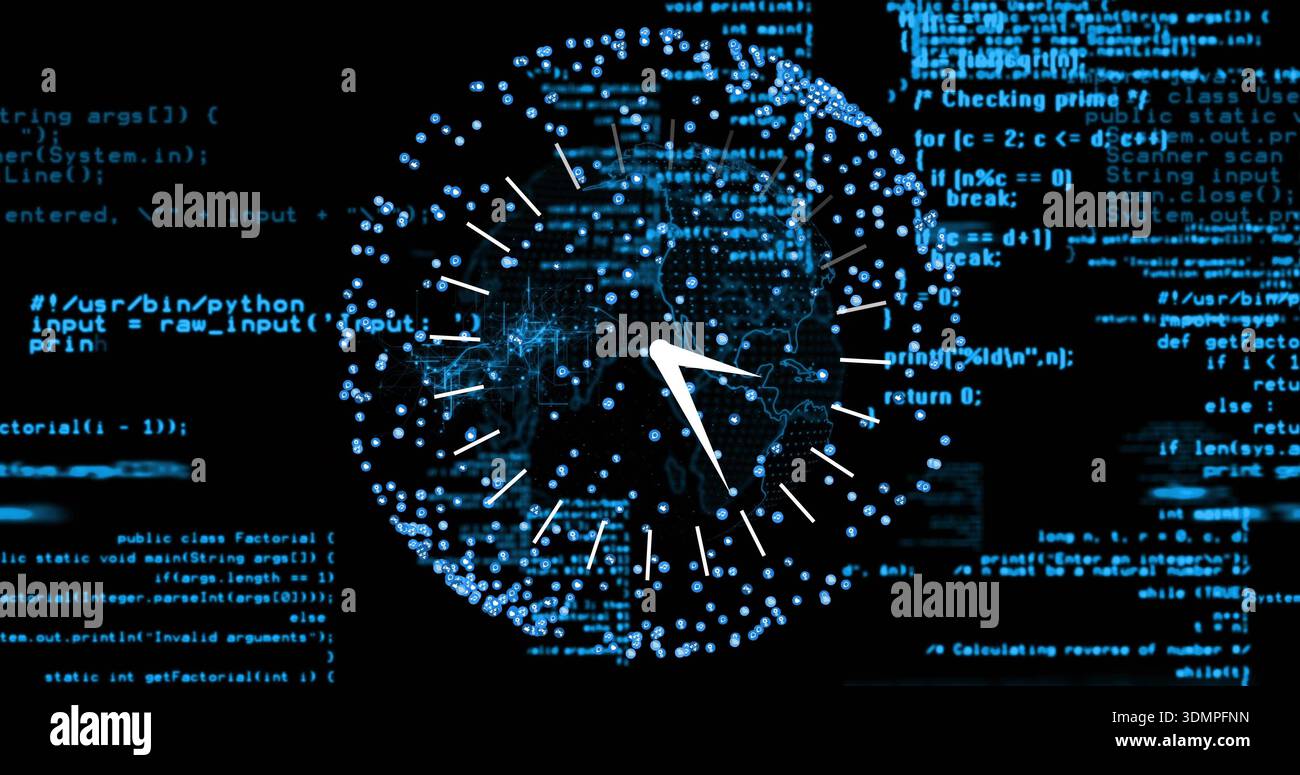 Pulsing stylized dotted digital globe projecting rotating clock hands over cyber code panels Stock Photo