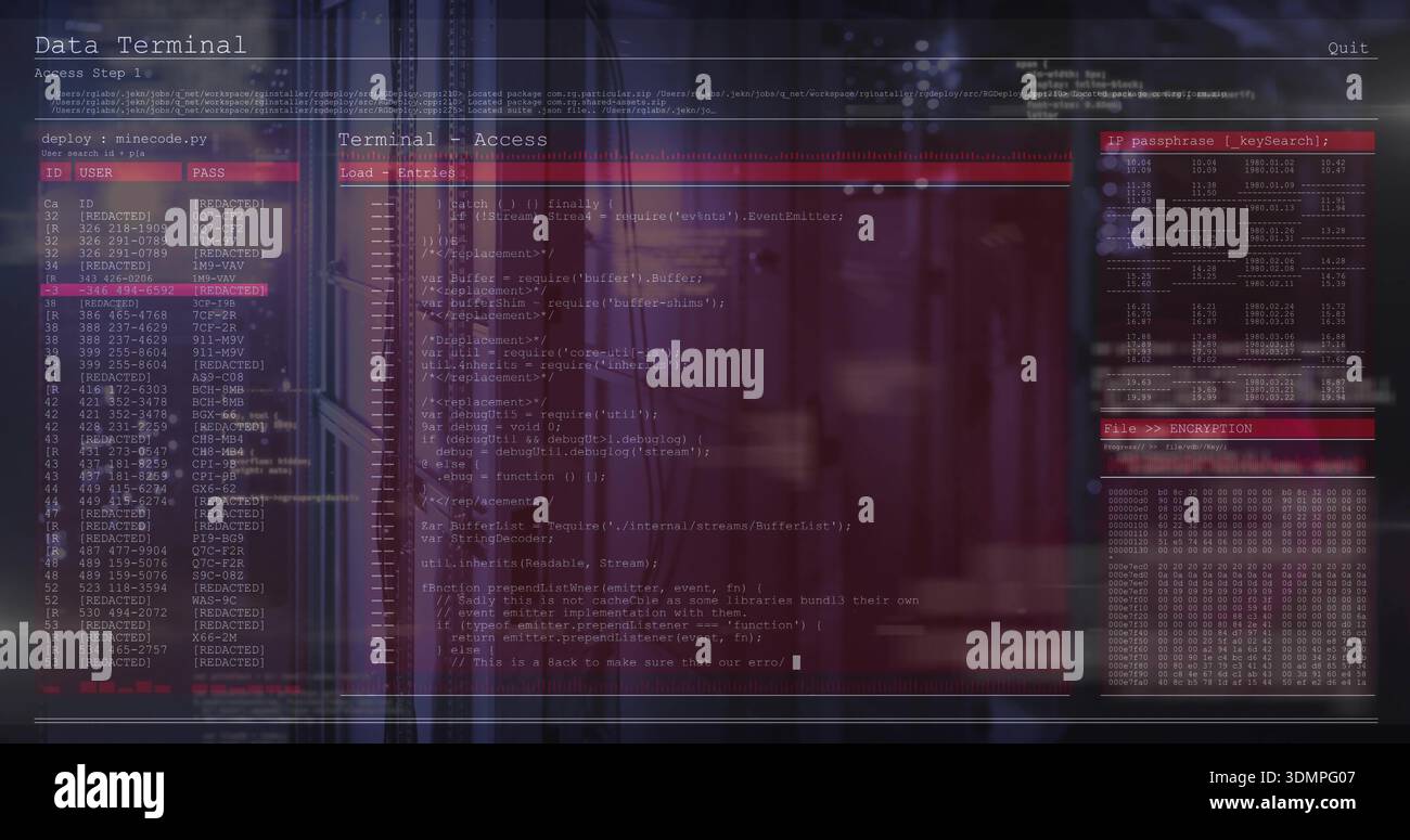 Displaying terminal interface showing central code editor pane in dim server room, with user table Stock Photo