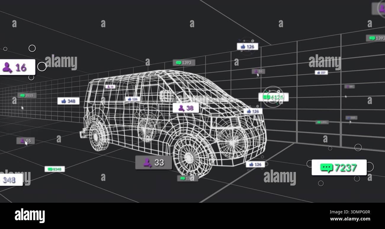 Displaying white wireframe van model hovering in dark virtual 3D grid ...
