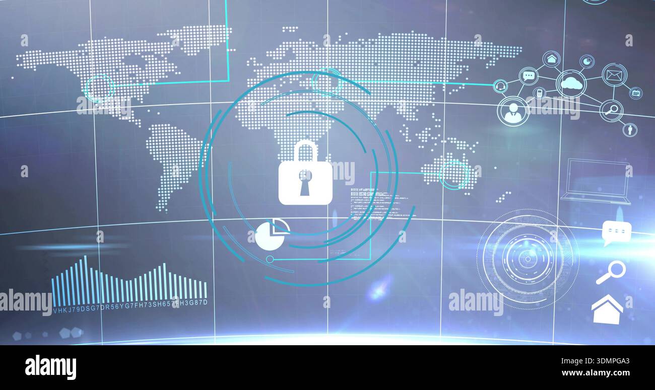 Displaying central white padlock pulsing over security panel, showing turquoise rings, dotted map Stock Photo