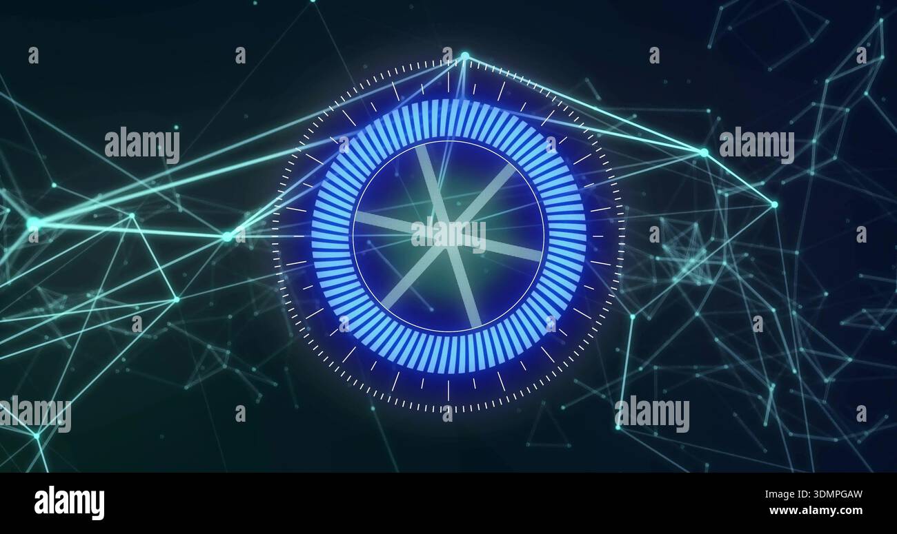 Rotating central holographic interface pulsing in virtual environment, with segmented progress ring Stock Photo