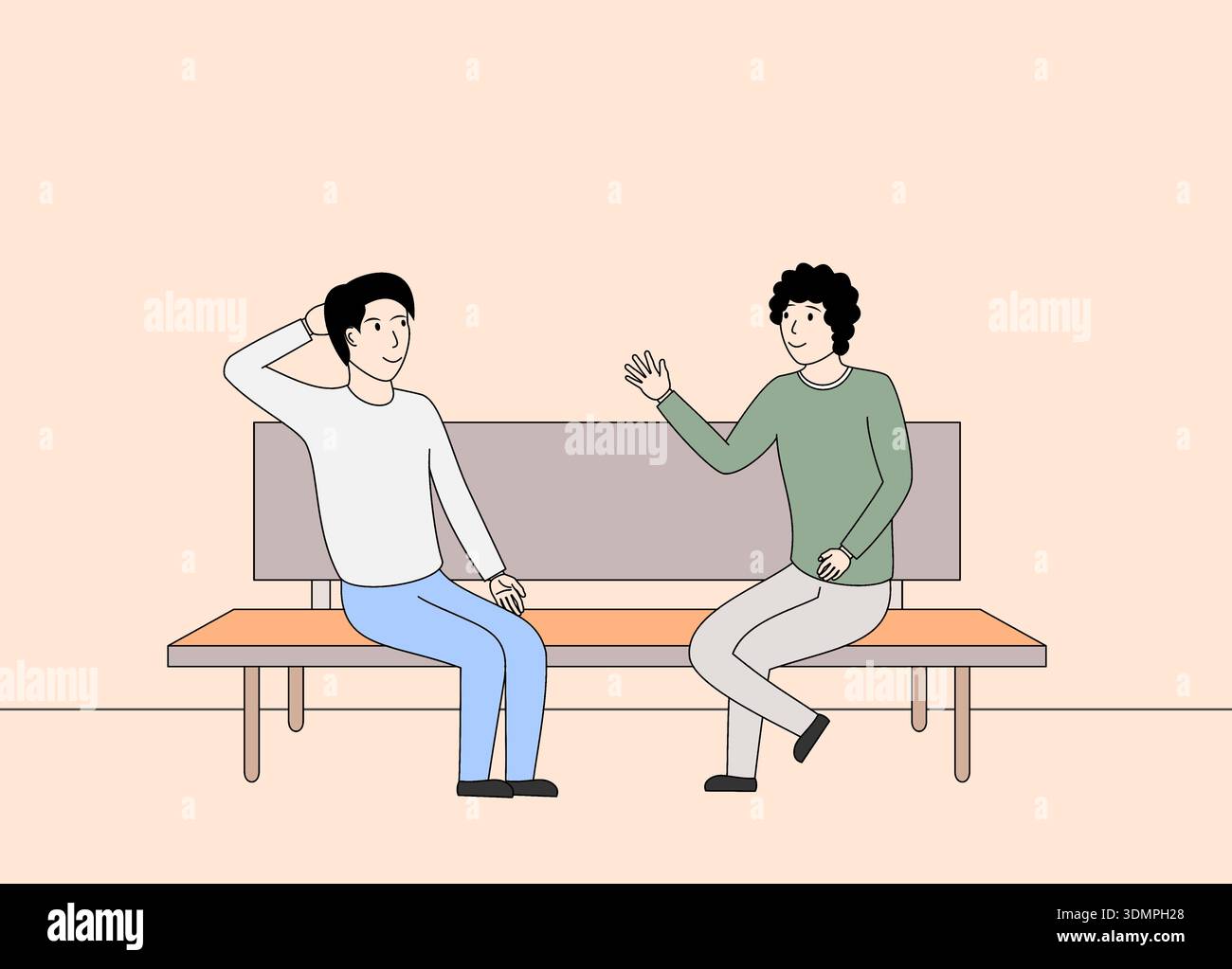 two people sitting on a bench talking intensely Stock Vector