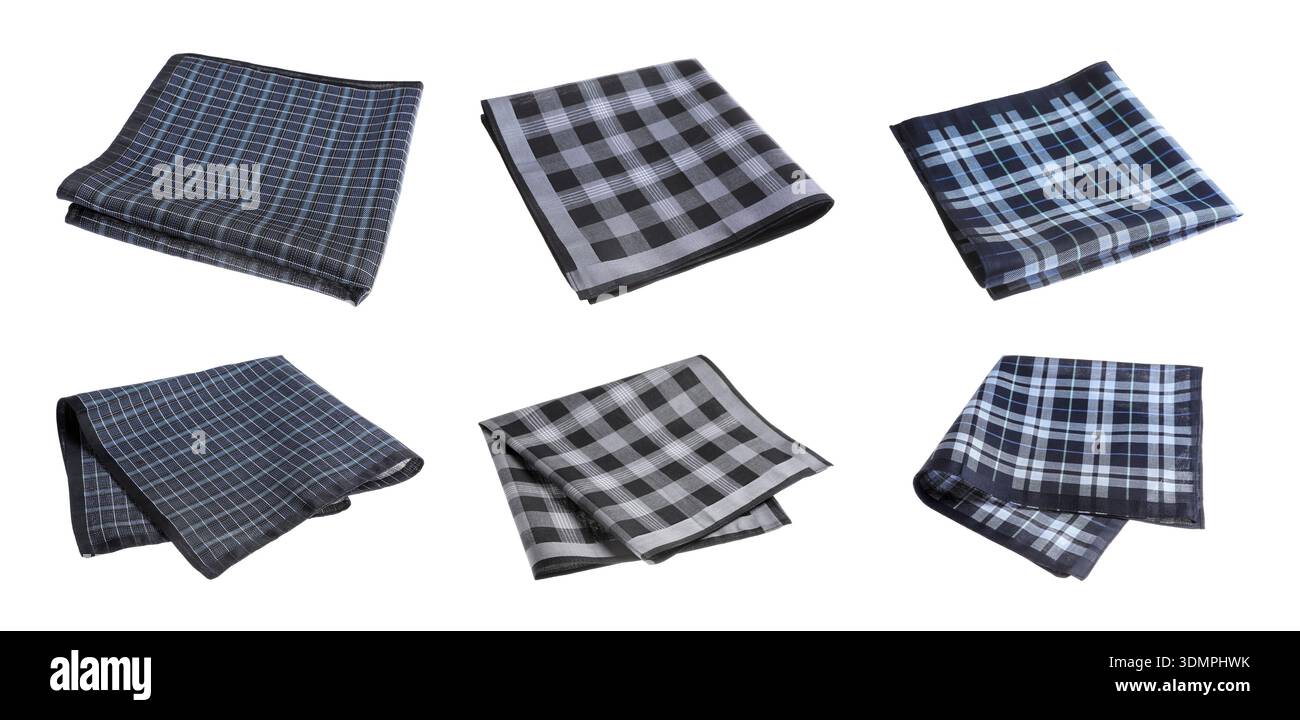 Different fabric handkerchiefs isolated on white, set Stock Photo