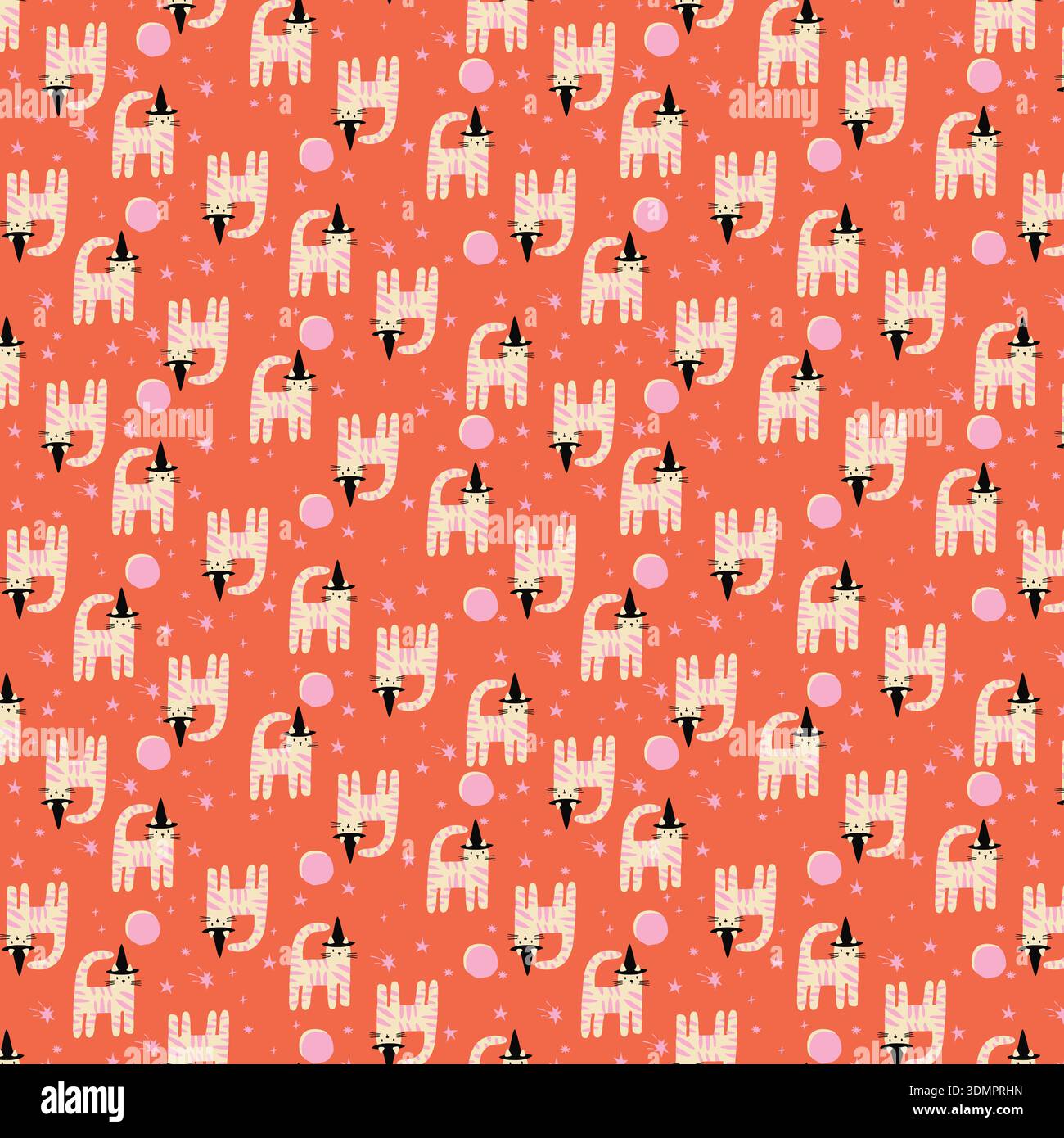 Cute Witch Cat Halloween Seamless Pattern on an Orange Background; Whimsical Black and White Kittens with Wizard Hats and Magic Bubbles for Kids Stock Vector