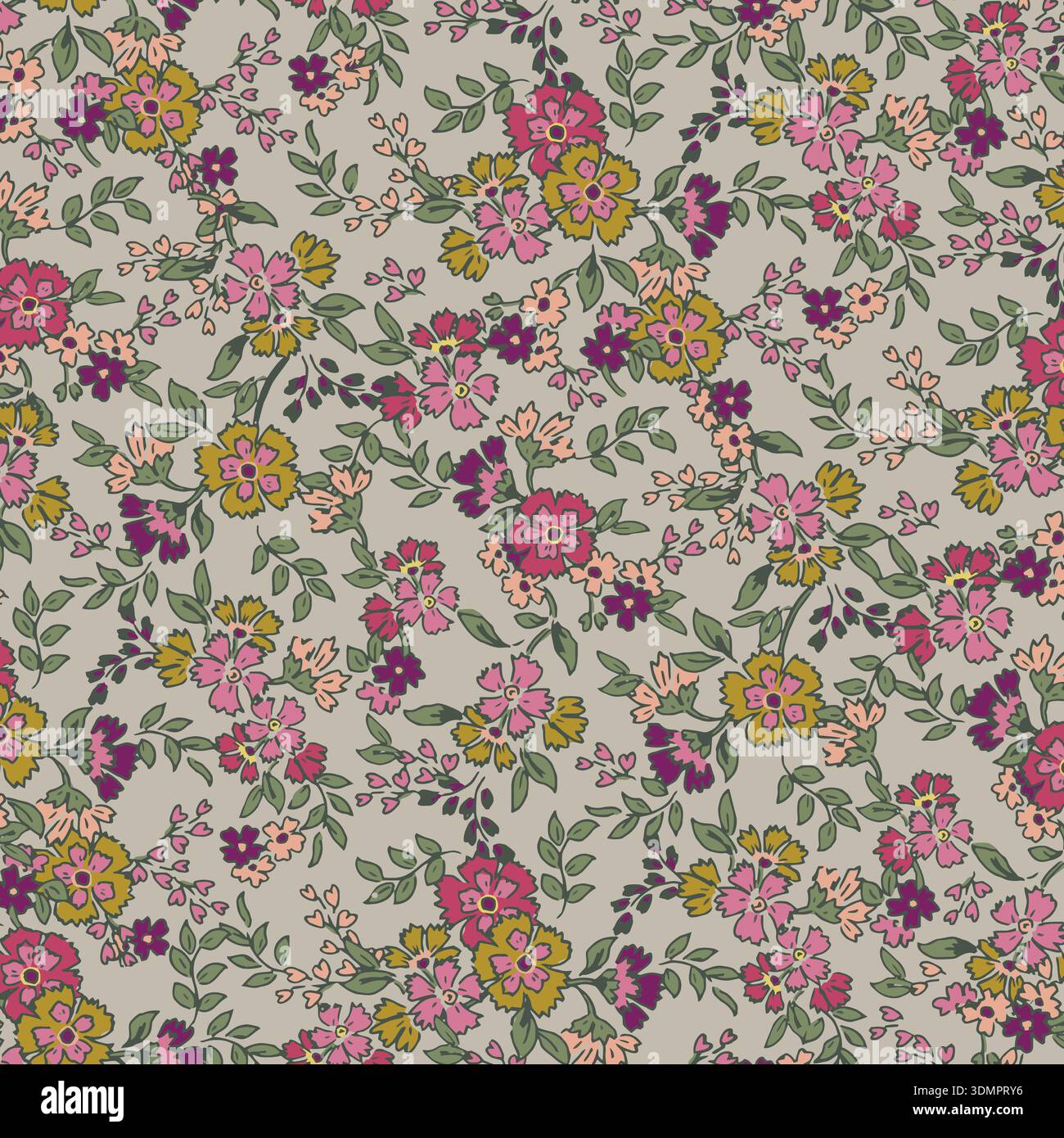 Seamless Floral Pattern with Pink, Yellow, and Purple Vintage Flowers on a Beige Background; Elegant Ditsy Print for Shabby Chic Textiles, Wallpaper, Stock Vector