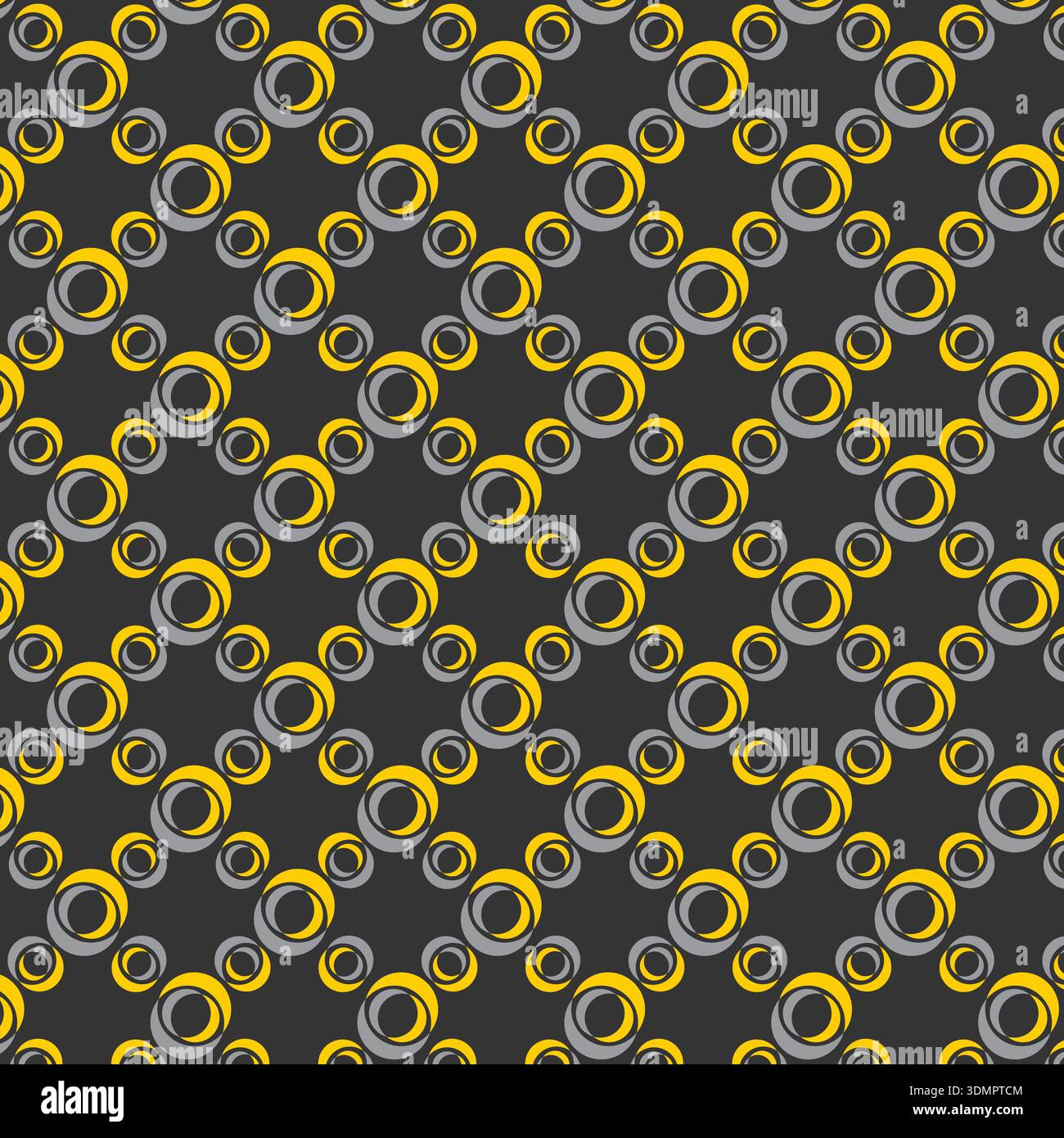 Seamless concentric circle optical illusion pattern, yellow and gray diagonal geometric grid on dark background vector design. Stock Vector