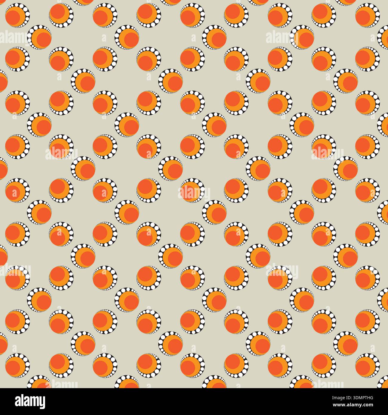 Seamless Retro Abstract Pattern - Orange Sun Circles and Dotted Rings Vector Stock Vector