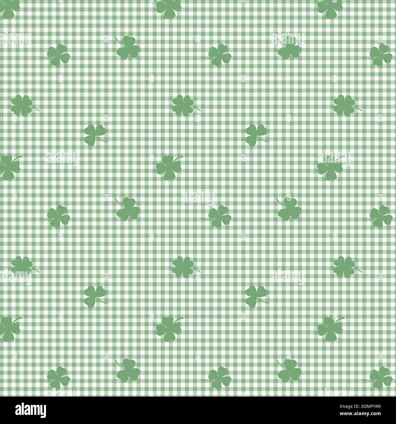 Green gingham check pattern with four-leaf clovers. Seamless lucky spring background vector illustration for St. Patrick's Day decor, picnic textiles, Stock Vector