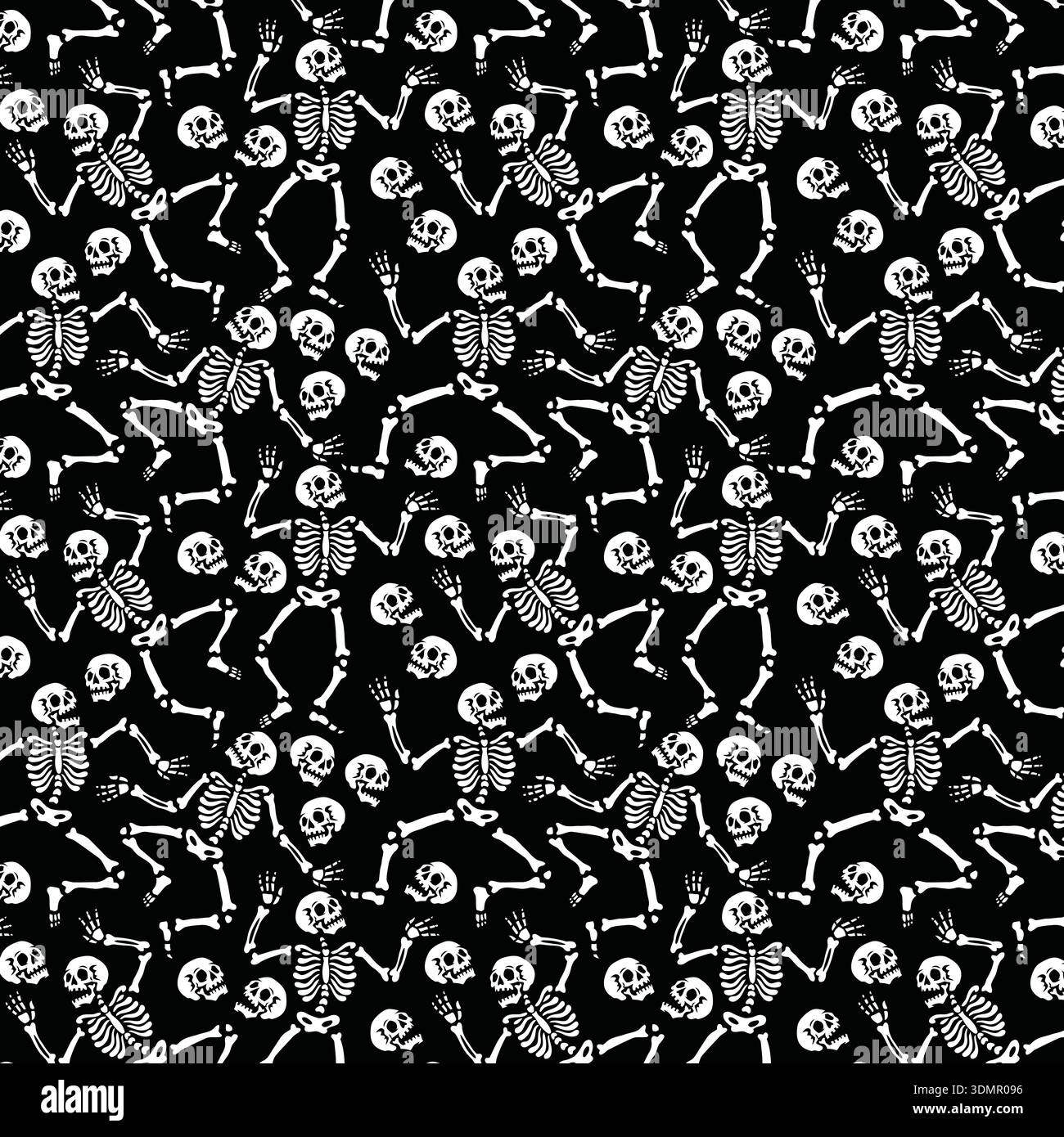 Seamless Halloween skeleton pattern featuring stylized dancing bones and skulls on a black background. Spooky gothic vector illustration for seasonal Stock Vector