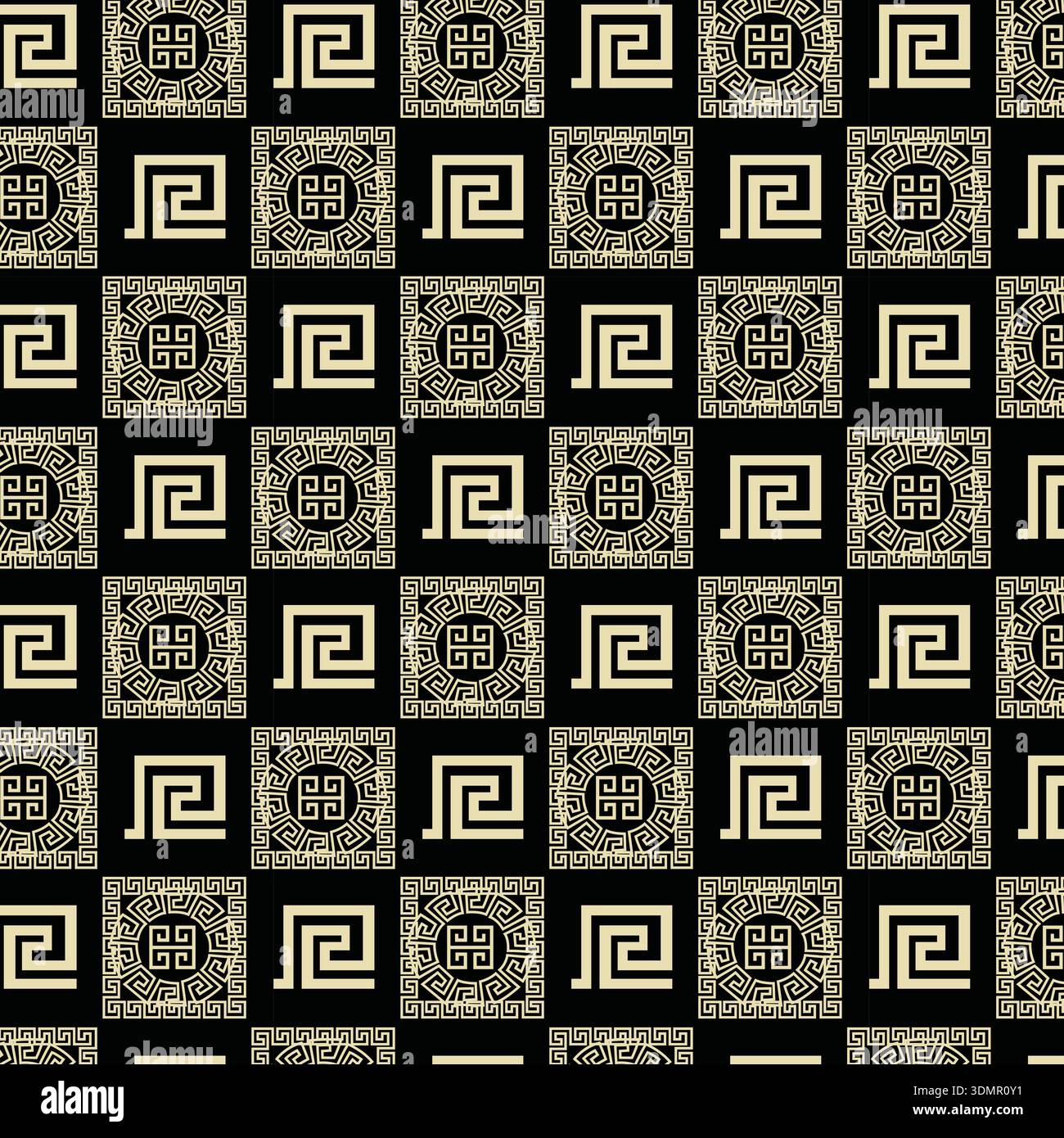 Seamless geometric Greek key pattern in luxury gold and black. Elegant maze-style ornamental vector background for high-end fashion, textile branding, Stock Vector