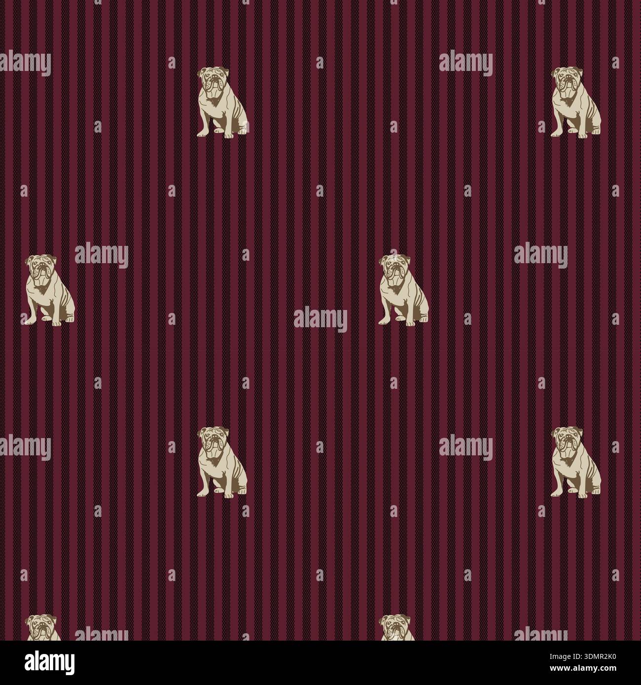 Classic seamless pattern with detailed hand-drawn illustrations of sitting English Bulldogs on a dark burgundy vertical striped background for vintage Stock Vector