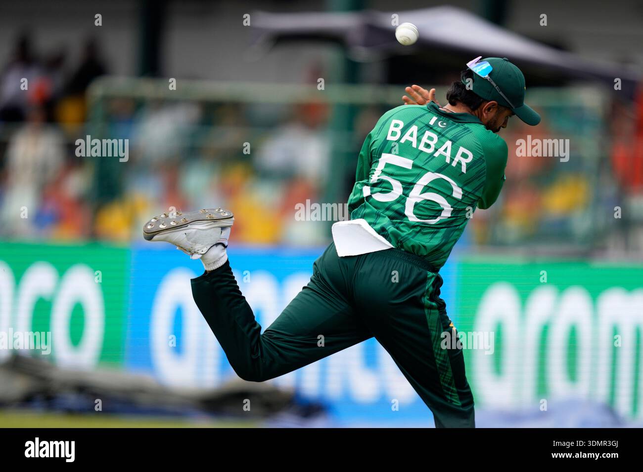 Pakistan's Babar Azam throws the ball back as he jumps across the ...
