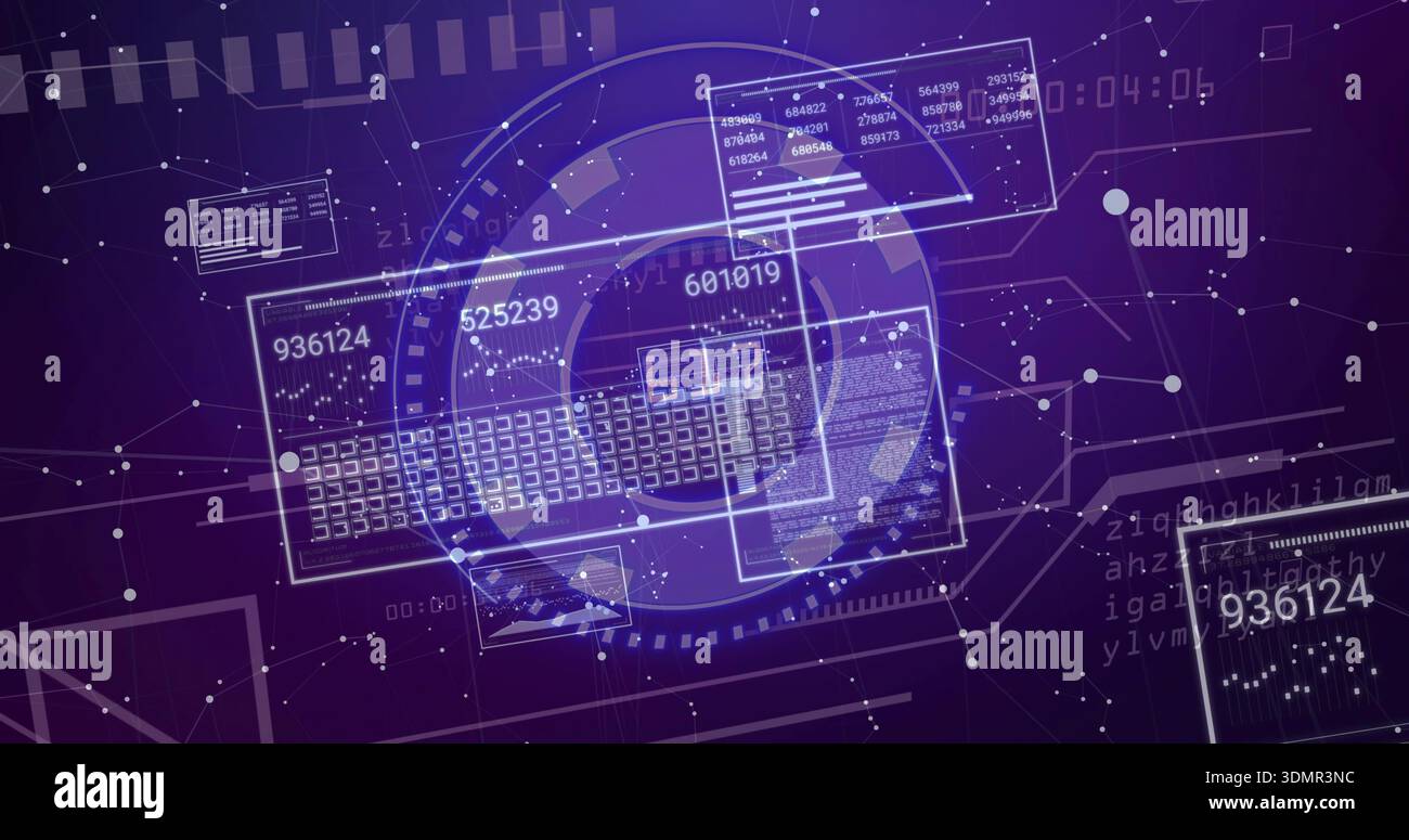 Displaying central translucent HUD and data panels in virtual network, showing keyboard grid codes Stock Photo