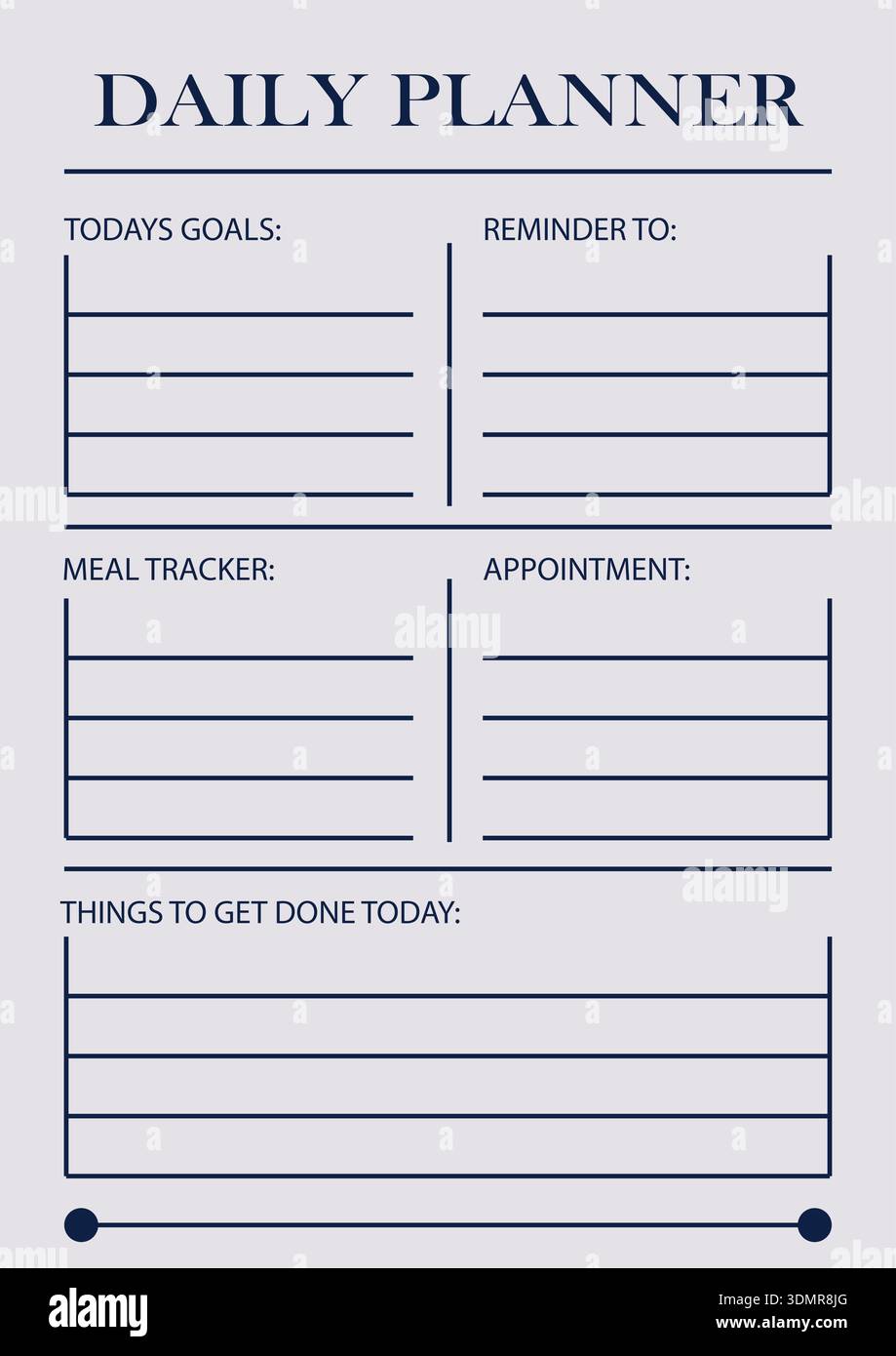 Minimal Daily Planner Template with Time Schedule and Task Sections Stock Vector