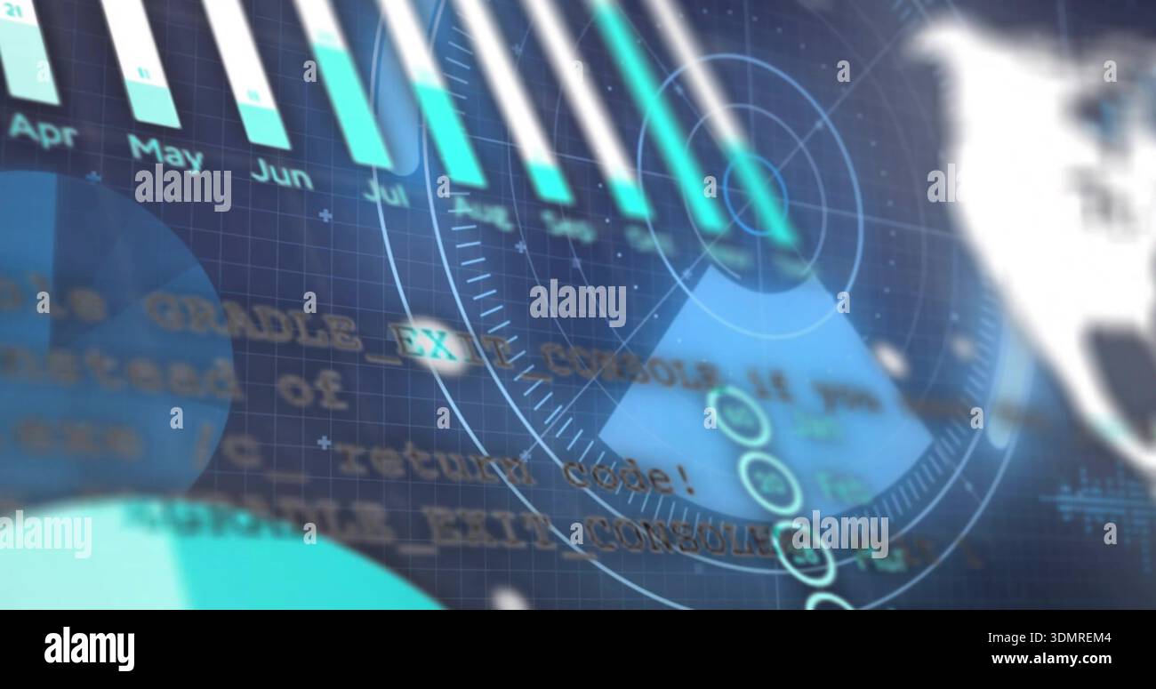 Displaying interactive HUD showing vertical bar chart, radar rings at virtual desktop, with globe Stock Photo