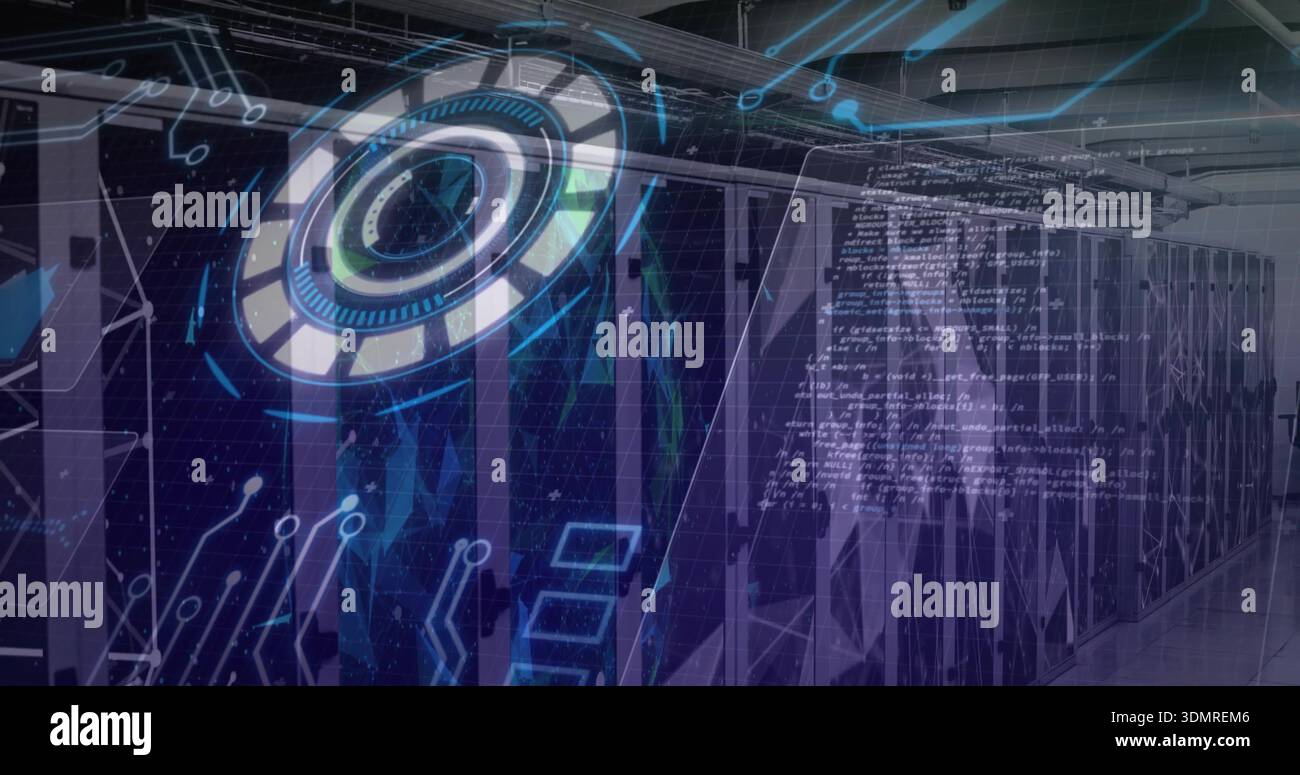 Displaying server rack row pulsing with holographic UI overlays in data center aisle, floating code Stock Photo