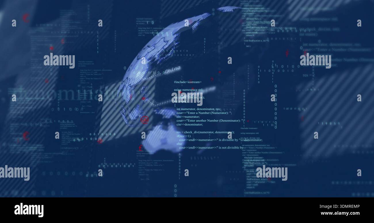 Displaying 3D globe rotating on virtual dashboard, showing code blocks, numeric streams, red nodes Stock Photo