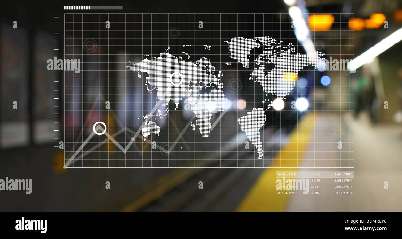 Displaying pixelated map HUD over blurred subway platform, showing line ...