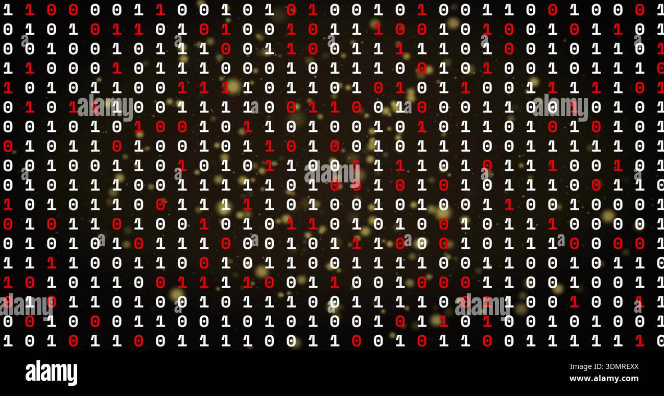 Displaying tiled binary grid filling frame, highlighting red digits over blurred gold backdrop Stock Photo