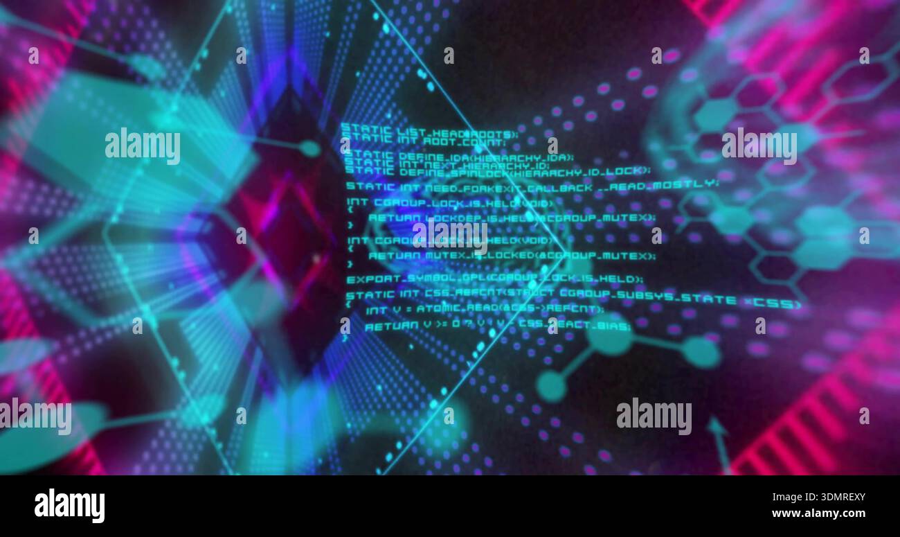 Displaying turquoise code block glowing and scrolling in virtual network, with hexagonal grid Stock Photo