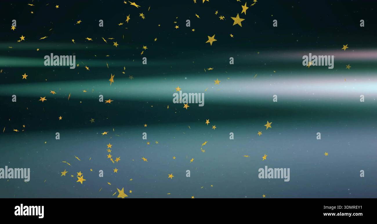 Shining gold stars and sparkles drifting over teal-deep-blue gradient with long light beam glowing Stock Photo