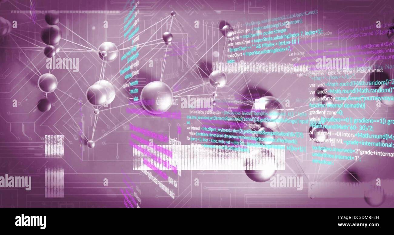 Rotating central cluster linking metallic spheres via thin lines in virtual canvas, with data bars Stock Photo