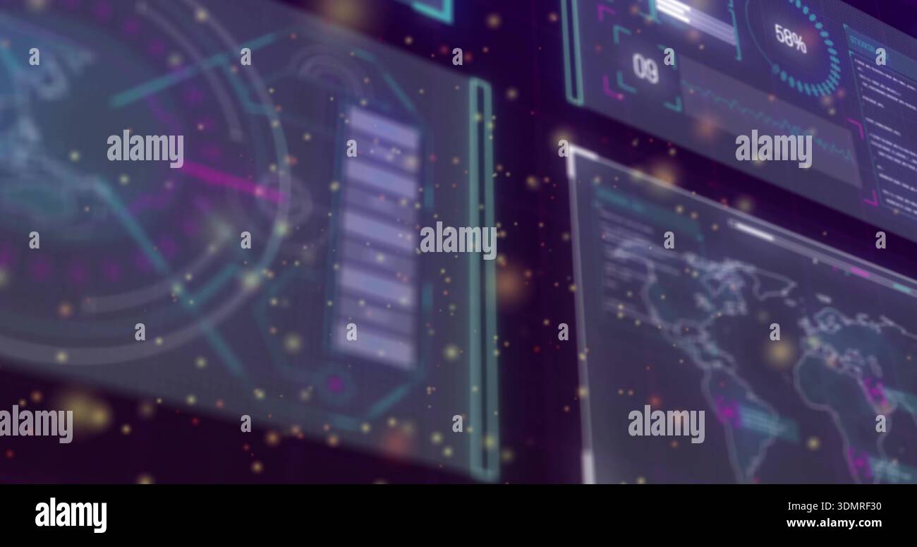 Floating translucent holographic panels showing HUD data in control room, with radar and world map Stock Photo