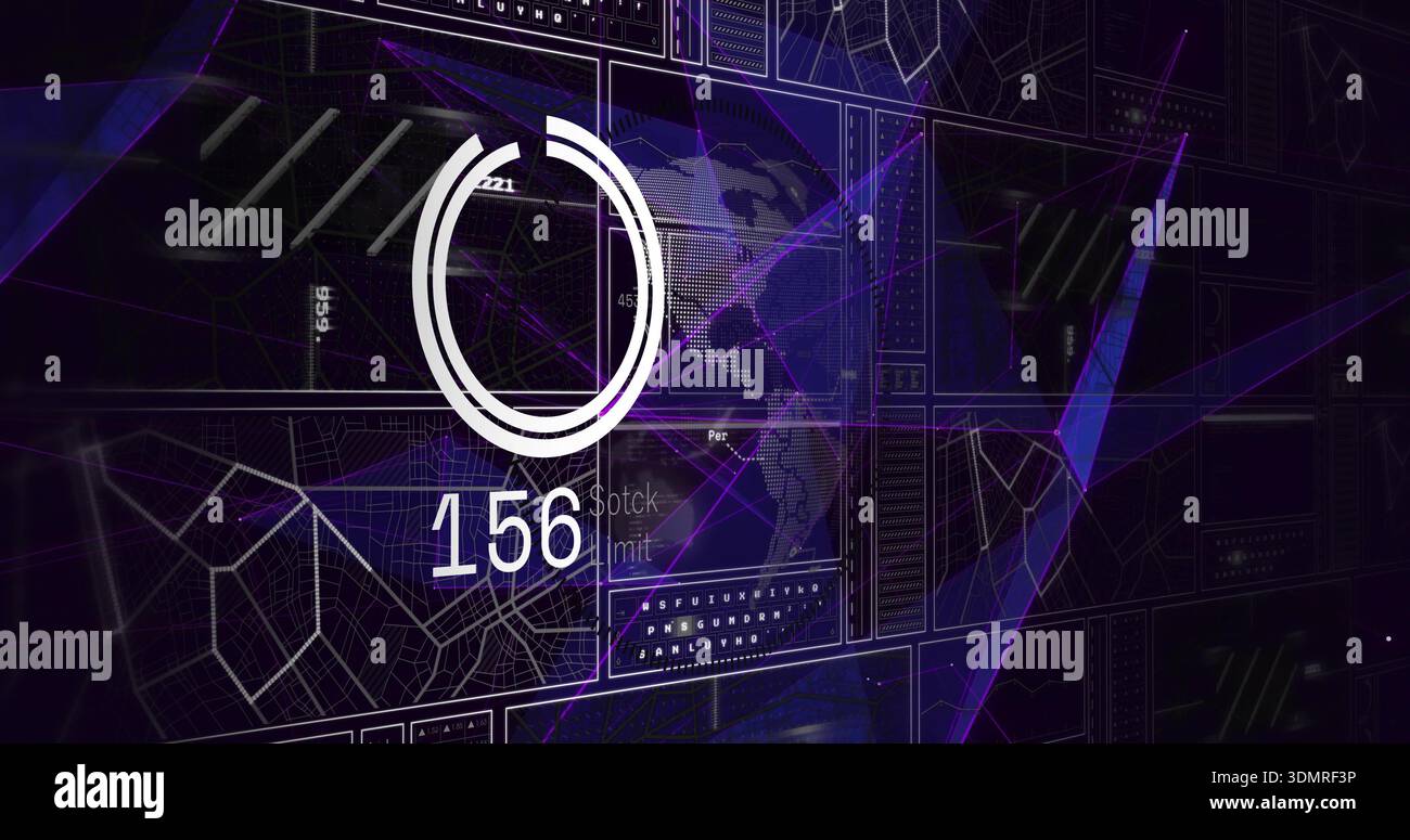 Displaying white circular progress gauge over dotted Americas map with numeric readout 156 Stock Photo