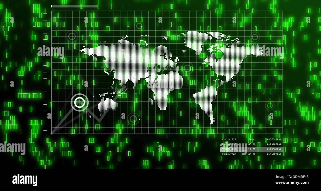 Displaying rectangular panel with dotted world map on digital screen, showing target radial lines Stock Photo